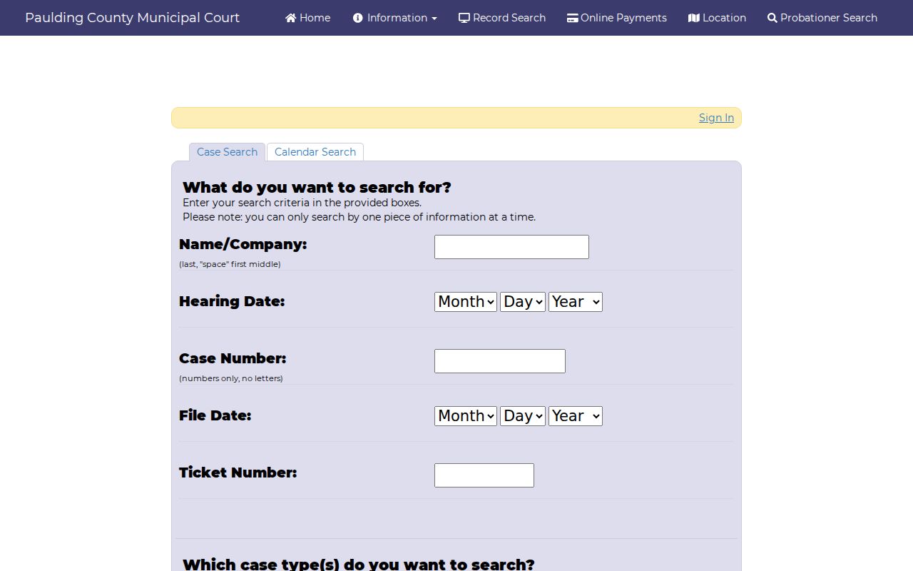 Paulding County docket search Municipal Court CaseLook interface