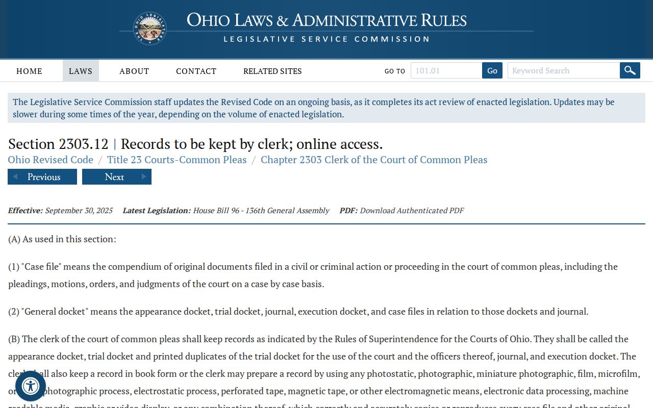Paulding County civil docket Common Pleas clerk statute